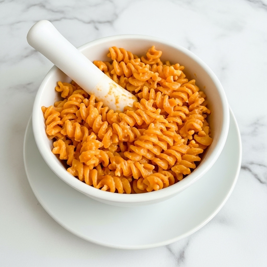 A white bowl filled with spiral-shaped pasta covered in an orange tomato sauce, showing a smooth and slightly glossy texture. Over the pasta sits a white plastic garlic press with a round handle, resting on the edge of the bowl. The bowl is placed on a white marbled surface. The lighting is soft, highlighting the rich color and texture of the pasta. photo taken with an iphone --ar 4:5 --v 7