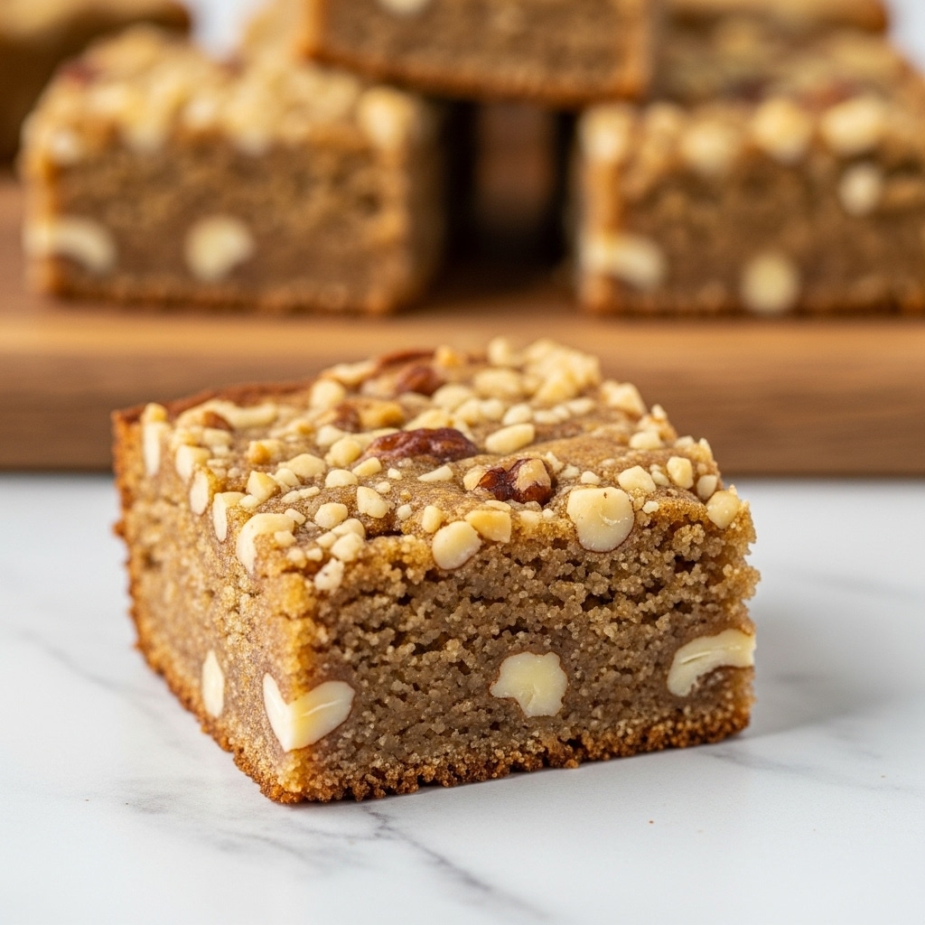 Two square pieces of a nutty, golden-brown baked bar sit close together on a light wood board with a white marbled background behind. The bars have a thick, crumbly texture with visible bits of nuts on the top and inside, which is a light tan color. One bar is in front, showing the inside clearly with chunks of white nuts embedded in the soft, moist filling. The other piece is slightly blurred in the background, highlighting the details of the front bar. Photo taken with an iphone --ar 4:5 --v 7