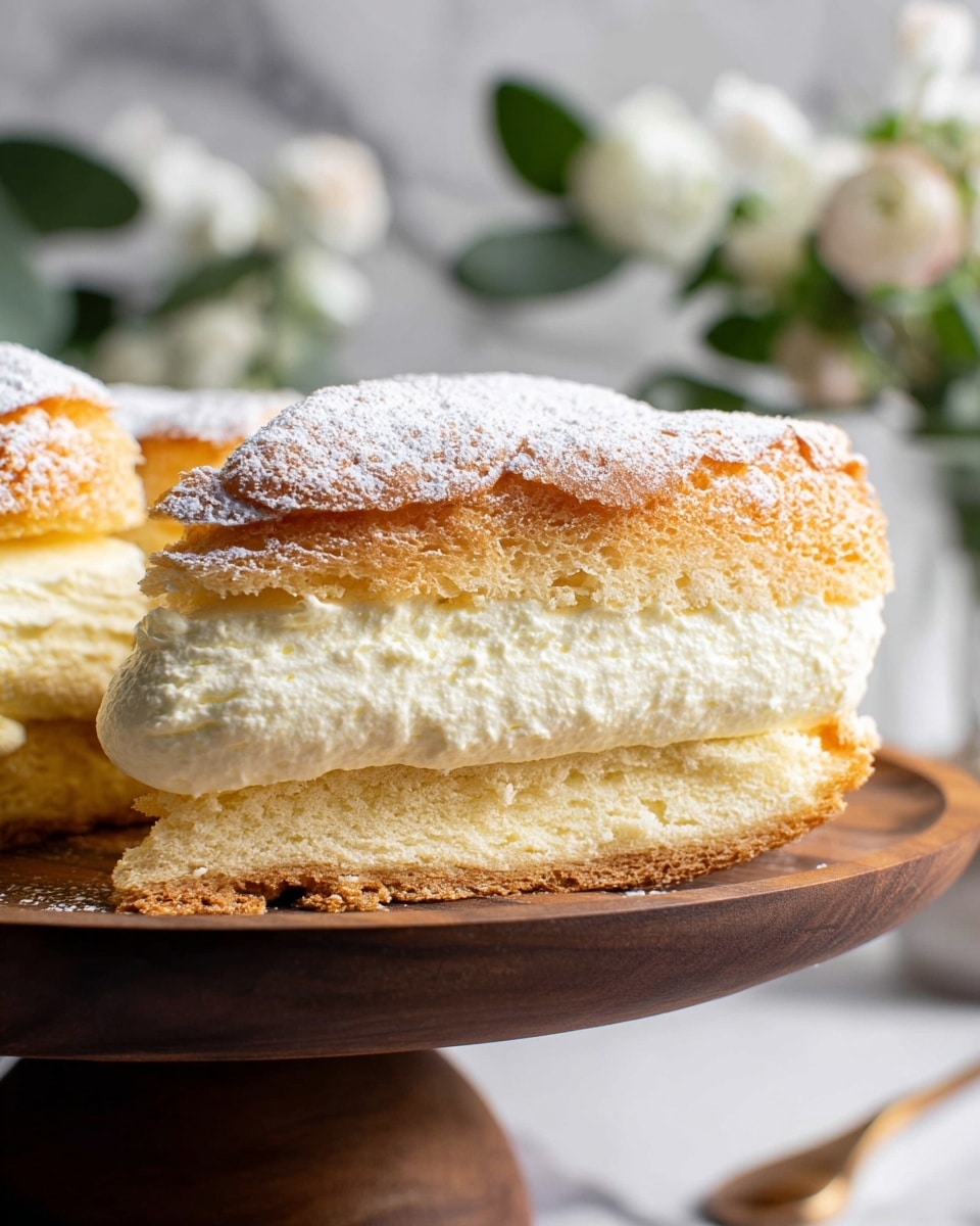 A close-up image of a thick slice of cream-filled cake on a dark wooden cake stand, showing three clear layers: the bottom and top layers are golden-brown, light, and fluffy pastry with a slightly rough texture, while the middle layer is a thick, smooth, creamy white filling. The top pastry layer is slightly puffed and dusted lightly with powdered sugar. A blurred background includes soft white flowers and green leaves against a white marbled surface. photo taken with an iphone --ar 4:5 --v 7