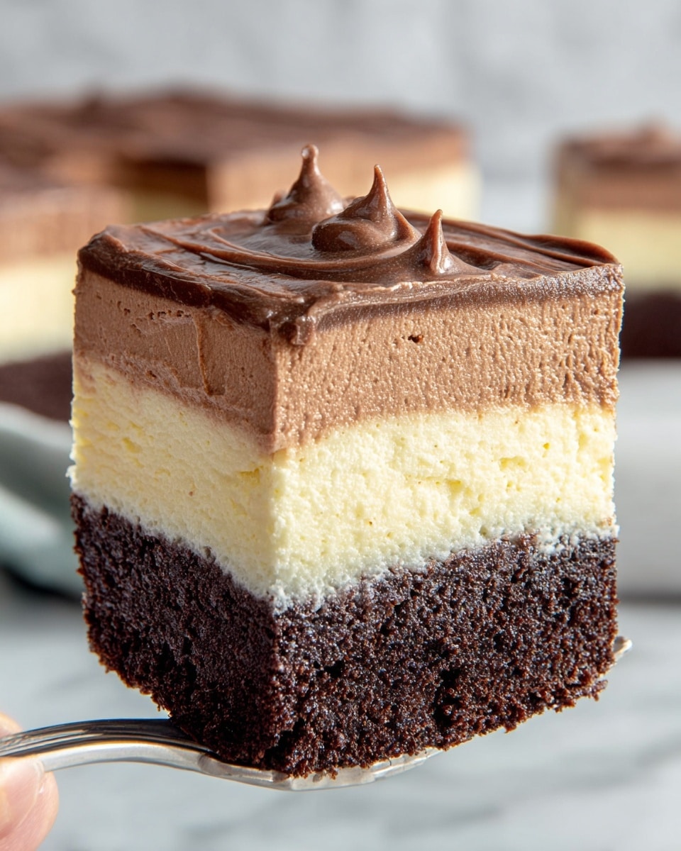 A close-up of a square layered dessert held by a woman's hand using a fork, showing three distinct layers: the bottom layer is a dark, rich chocolate cake with a slightly crumbly texture; the middle layer is creamy and pale yellow, smooth and dense like a cheesecake; the top layer is a light, fluffy chocolate mousse with a glossy, airy surface and small peaks. The background shows a white marbled texture with part of the remaining dessert visible below. photo taken with an iphone --ar 4:5 --v 7