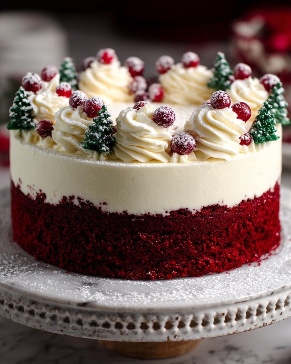 The image shows a three-layer round cake placed on an ornate cake stand with a white marbled texture underneath. The bottom layer is dark red with a soft crumb texture, the middle layer is thick and creamy white, and the top layer is another dark red crumb layer. On top of the cake, there are swirls of smooth white cream evenly spaced around the edge, each swirl topped with small red berries and tiny green Christmas tree-shaped decorations. The cake is lightly dusted with powdered sugar, adding a soft frosty look. Photo taken with an iphone --ar 4:5 --v 7