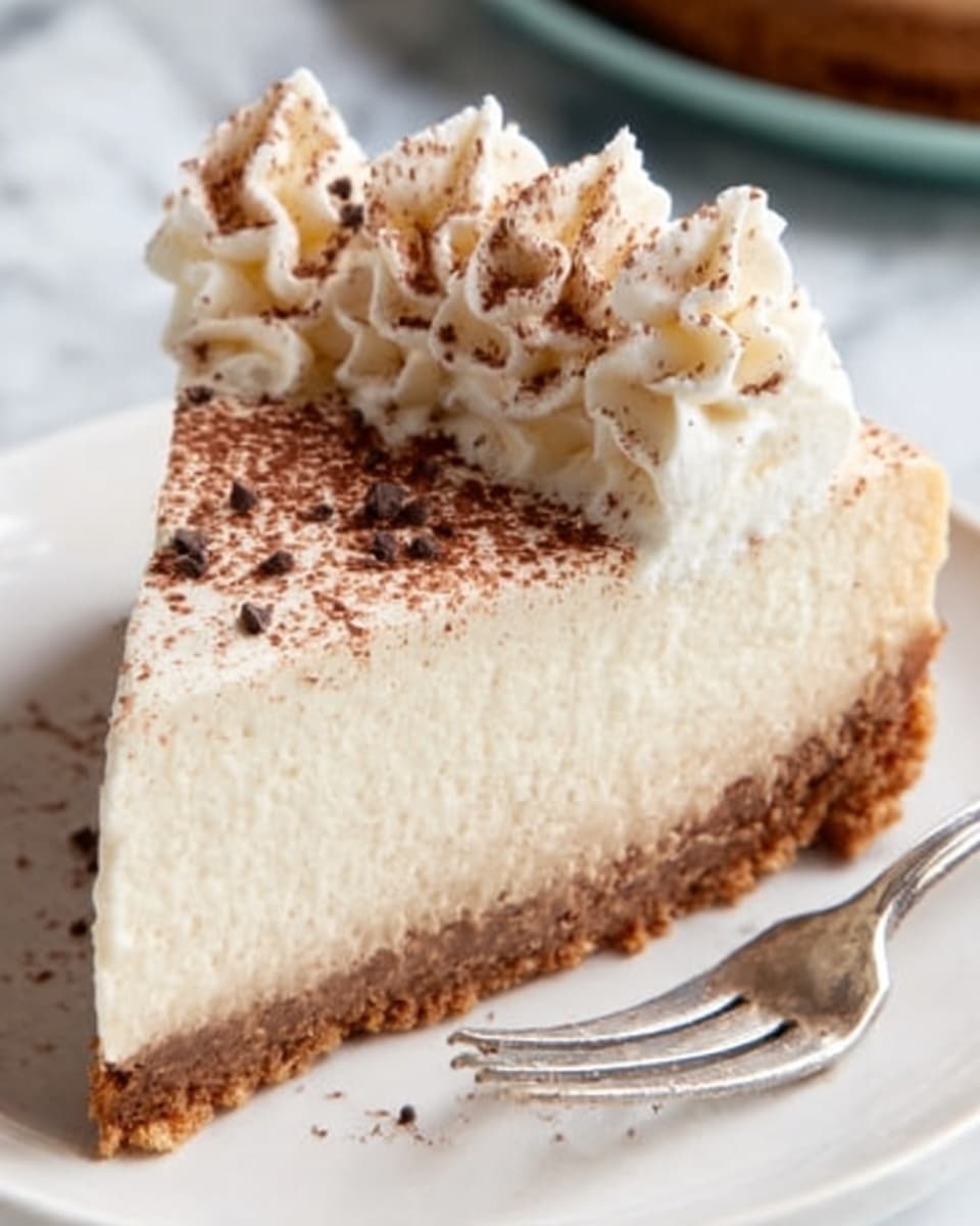 The image shows a close-up of a slice of cheesecake on a white plate, with a white marbled surface underneath. The cheesecake has three layers: a thick, crumbly brown crust at the bottom, a smooth and creamy off-white filling in the middle, and a generous top layer of light whipped cream shaped into soft peaks. The whipped cream is sprinkled with cocoa powder, adding a light dusting of brown on top. There is a silver fork resting beside the slice on the plate. Photo taken with an iphone --ar 4:5 --v 7