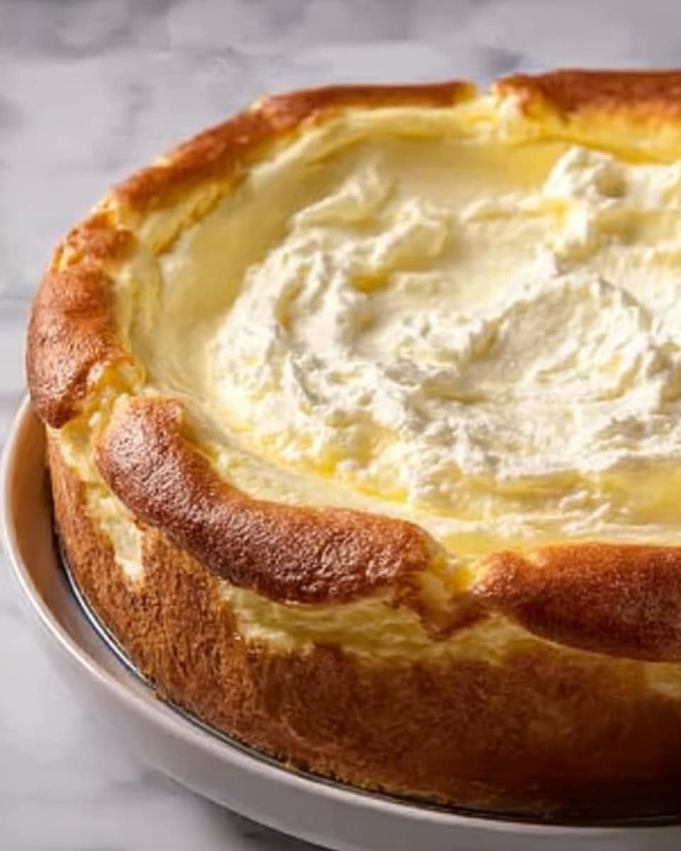 The image shows a thick cheesecake with a golden-brown crust around the edges and a creamy, smooth, pale yellow top layer that looks soft and slightly wavy like whipped cream. The cheesecake fills a white plate, and the background is a white marbled texture. Photo taken with an iphone --ar 4:5 --v 7