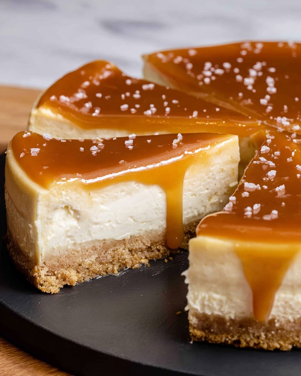 The image shows a caramel-topped cheesecake with three visible layers. The bottom layer is a light brown, crumbly crust. Above it is a thick, creamy white cheesecake layer with a dense but smooth texture. The top layer is a glossy, golden caramel glaze, dripping slightly down the edges and sprinkled with small white salt crystals. The cheesecake is sliced into pieces and placed on a dark round tray, set on a white marbled surface. Photo taken with an iphone --ar 4:5 --v 7