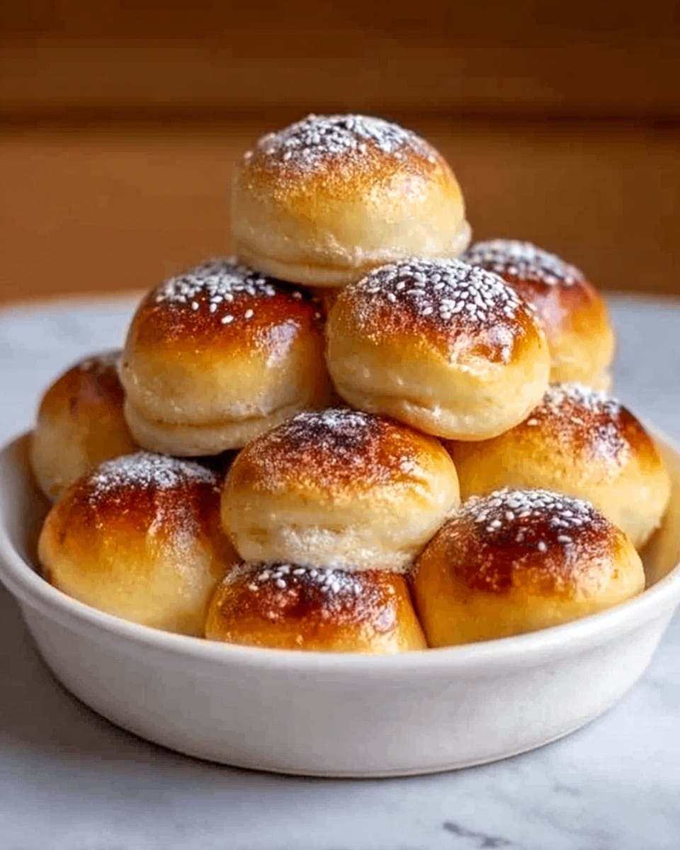A white bowl filled with a stack of small round buns, each with a golden brown top that looks soft and shiny. The buns are layered closely, showing a smooth texture with a slight glaze. The pile forms a pyramid shape, and the top buns are sprinkled with white sesame seeds and a light dusting of flour. The bowl sits on a white marbled surface. Photo taken with an iphone --ar 4:5 --v 7