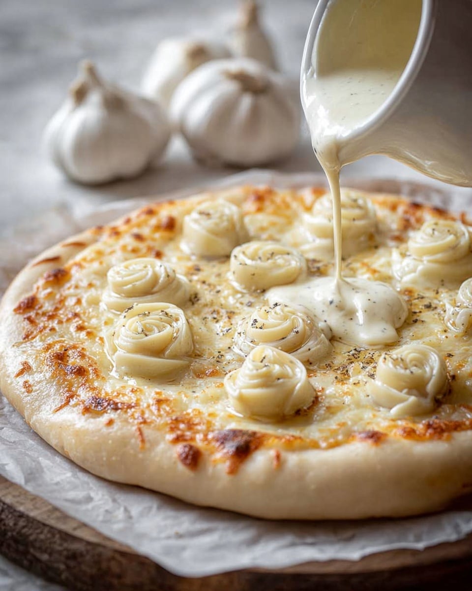 A garlic pizza with a thick, light golden crust lies on white parchment paper atop a wooden board. The pizza has a base layer of melted cheese with a slightly browned, bubbly texture. Around the edge, there are distinct clusters of sliced garlic, arranged in small spiral mounds that are creamy white with a soft, smooth surface. In the center, a creamy white sauce is being poured from a white container, adding a glossy, smooth layer over the cheese. The background includes several whole garlic bulbs slightly out of focus on a white marbled texture surface. photo taken with an iphone --ar 4:5 --v 7