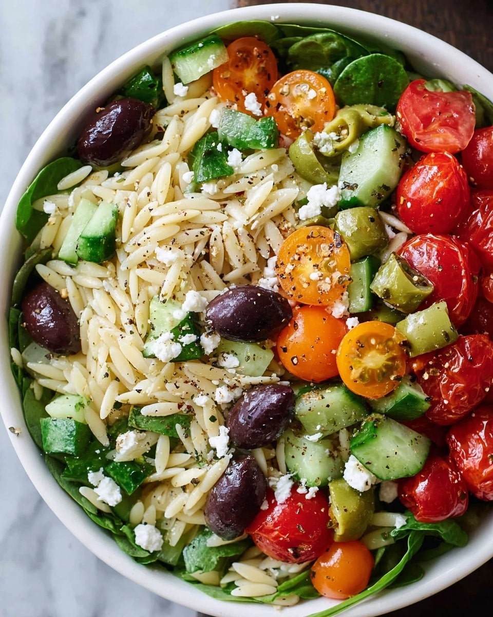 A white bowl filled with a colorful salad composed of five main layers: the bottom layer of small green spinach leaves, a layer of pale, slightly shiny orzo pasta scattered throughout, chunks of light green cucumber mixed with halved bright red and orange cherry tomatoes, rings of green olives and whole and halved dark purple olives adding contrast, topped with small white crumbles of feta cheese, all lightly dusted with black pepper and some specks of seasoning on a white marbled surface. photo taken with an iphone --ar 4:5 --v 7