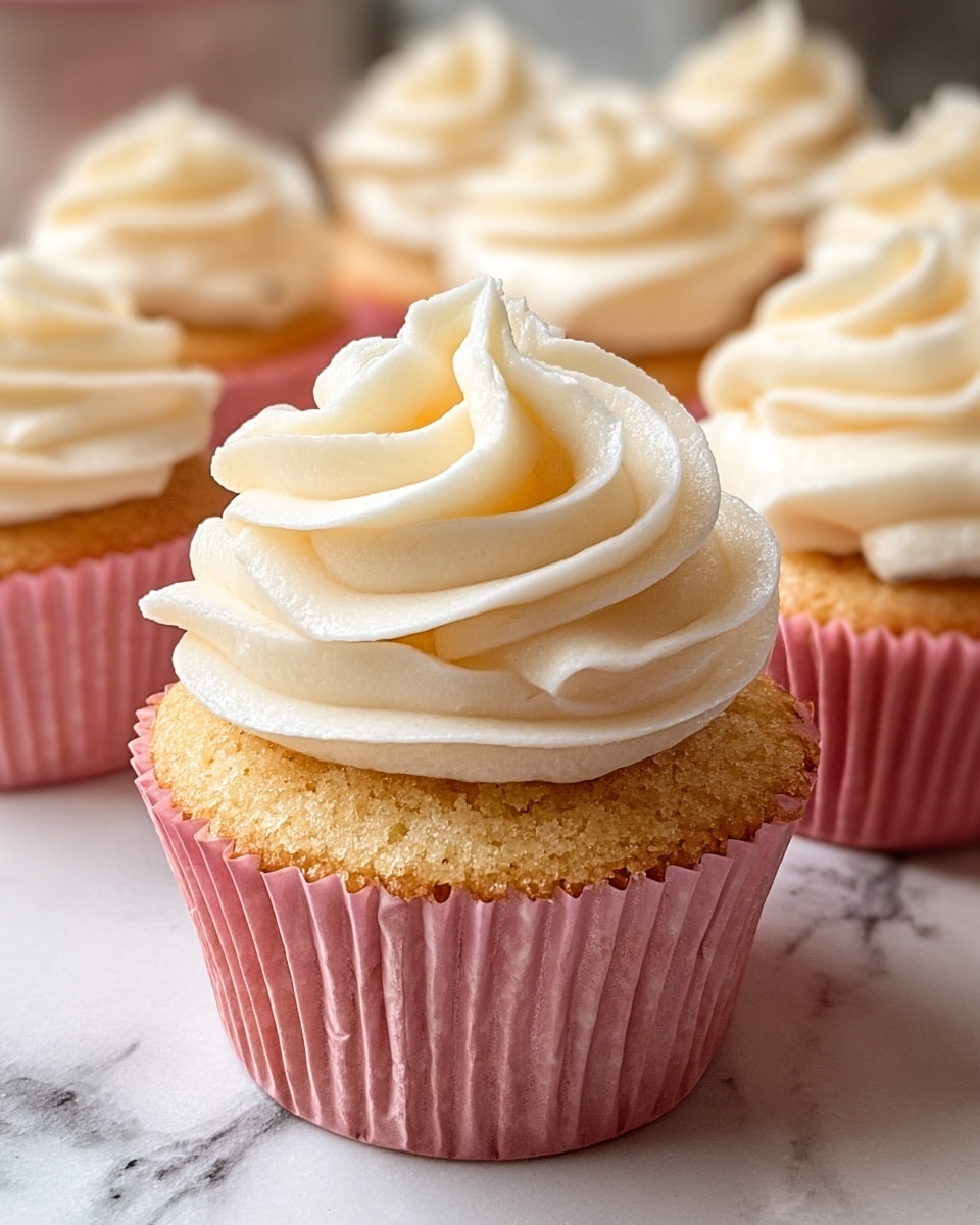 The image shows close-up vanilla cupcakes each with two layers: the bottom cake layer is light golden brown with a soft, slightly crumbly texture, and the top layer is thick, creamy white frosting swirled into a peak with smooth, silky texture. Each cupcake is held in a pink paper liner with visible ridges, and the cupcakes are placed on a white marbled surface. Several cupcakes are blurred softly in the background, keeping focus on the front cupcake. Photo taken with an iphone --ar 4:5 --v 7