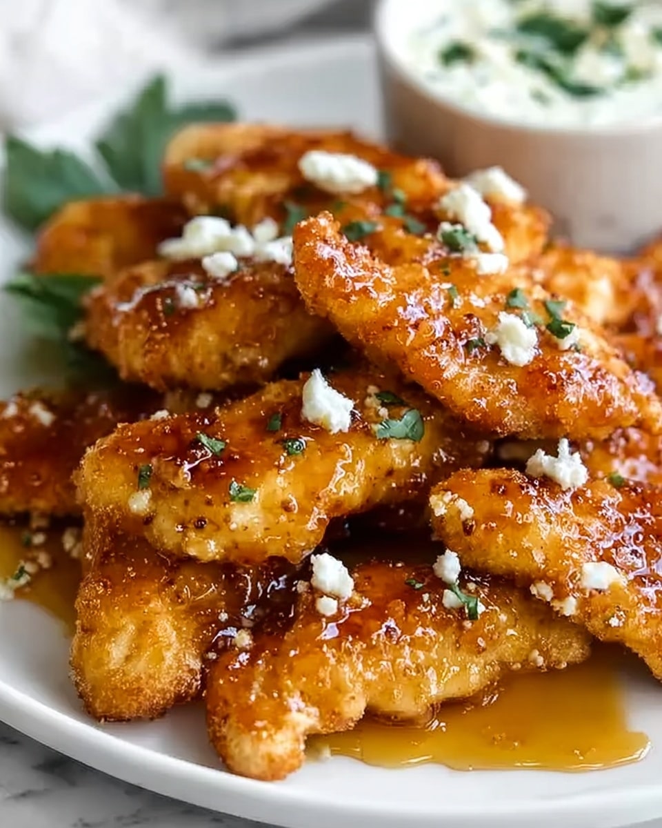 The image shows a close-up of several golden-brown chicken strips coated with a shiny glaze, arranged closely on a white plate. The chicken has a crispy texture with a caramelized glaze that looks sticky and sweet. Small white crumbles of cheese are sprinkled over the chicken, along with pieces of green herbs for a fresh touch. In the background, there is a blurred bowl of white sauce with some green herbs on top. The plate is placed on a white marbled surface. Photo taken with an iphone --ar 4:5 --v 7