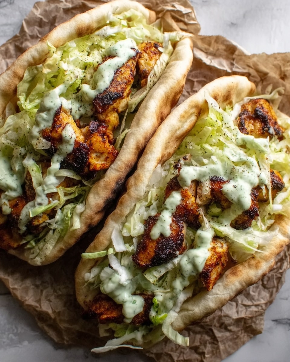 Two soft, slightly browned pita breads are filled with layers of golden-brown grilled chicken pieces with char marks, topped generously with finely shredded pale green lettuce. A creamy, light green sauce is drizzled over the lettuce, adding a smooth texture that contrasts with the crispiness of the chicken and freshness of the lettuce. The pita sandwiches are placed on crinkled parchment paper, sitting on a white marbled surface. Photo taken with an iphone --ar 4:5 --v 7