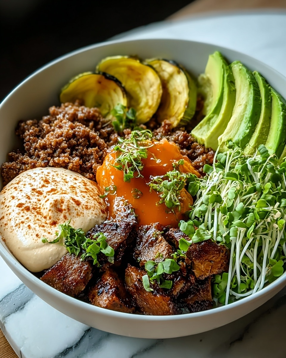 A white bowl filled with several layers of food, starting with a base of cooked ground meat that looks brown and crumbly, topped on one side with a beige creamy sauce sprinkled with paprika. On the right side, there are thick slices of green avocado with a slight grill mark, next to a bright orange glossy chutney or sauce. In the center, pieces of darker brown grilled or roasted meat are arranged with small green leafy herbs on top. Behind the meat, there are thin slices of lightly grilled yellow squash or zucchini arranged in a curved line. On the far right, there is a small pile of bright green fresh sprouts with white roots. The bowl sits on a white marbled surface. Photo taken with an iphone --ar 4:5 --v 7