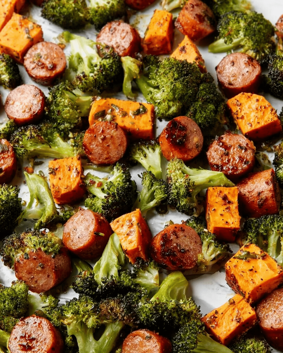 The image shows a close-up of roasted broccoli, sweet potato chunks, and sliced sausage all mixed together on a white tray. The broccoli pieces are bright green with slightly charred edges, giving a textured, crisp look. The sweet potatoes are cut into thick chunks, showing a soft, orange interior with browned, roasted spots on the surface. The sausage slices are round, browned outside, and have a juicy, reddish-brown color inside. All pieces are evenly spread, creating a colorful and appetizing mix on the white marbled surface. photo taken with an iphone --ar 4:5 --v 7