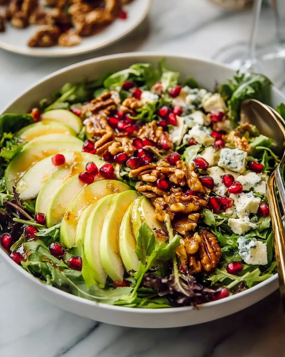 A large white bowl filled with a fresh salad displays several layers: the base is made of mixed green leaves including arugula and darker lettuces, on top there are sliced green apples with pale yellow flesh, scattered bright red pomegranate seeds, chunks of white and blue speckled cheese, and golden brown walnuts coated in a shiny dressing. The salad looks glossy from the dressing drizzled on the nuts and apples. A silver fork rests inside the bowl, and the bowl sits on a white marbled surface with blurred background elements. Photo taken with an iphone --ar 4:5 --v 7