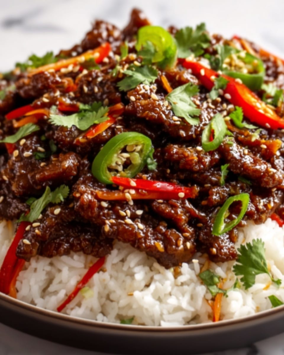 A close-up of a deep skillet showing a layered casserole with three main layers: a bottom layer with dark brown chili and yellow corn kernels, a middle layer of light yellow cornbread with a soft texture, and a top layer of melted bright orange cheese evenly spread with slightly browned edges. On top, there is a large dollop of white sour cream, garnished with small chopped red tomatoes, green sliced jalapeños, and finely chopped fresh green cilantro scattered over the whole dish. A slice is cut out, revealing the three layers inside. The skillet sits on a white marbled surface with a blurred white bowl containing lime and cilantro in the background. photo taken with an iphone --ar 4:5 --v 7