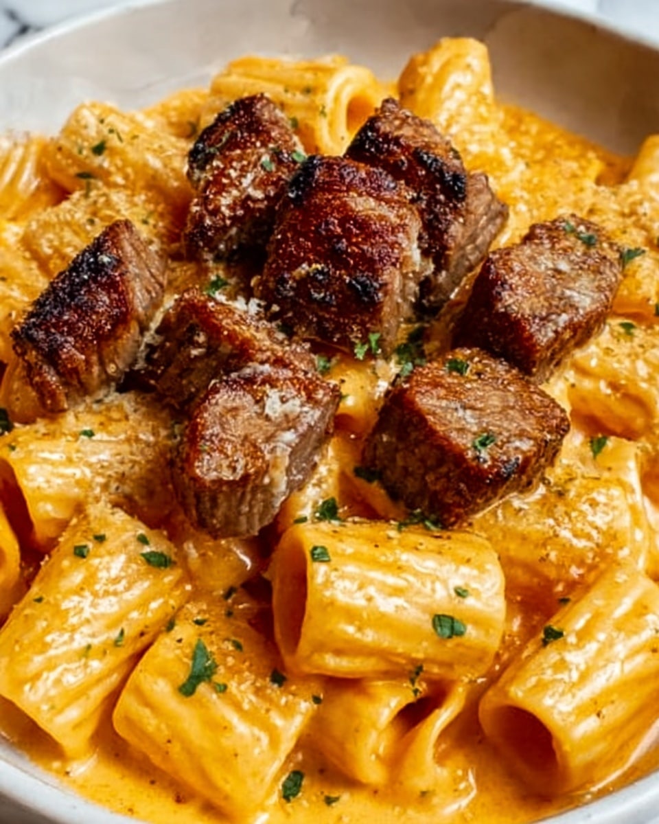 The image shows a close-up of creamy rigatoni pasta with a smooth orange cheese sauce. On top, there are several pieces of browned grilled meat, arranged in the center, which have a crispy and juicy texture. Small green herb specks are sprinkled over the pasta, adding a fresh look. The background is a white marbled surface, and the photo is sharp and clear, emphasizing the rich colors and textures of the dish. Photo taken with an iphone --ar 4:5 --v 7