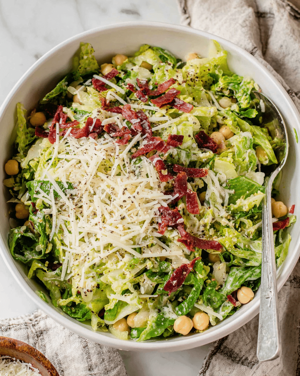 A white bowl filled with a fresh salad showing several layers of ingredients. The base layer is made of finely shredded leafy green lettuce with a mix of light and dark green colors. Scattered throughout are small round beige chickpeas, adding a soft texture. Thin strips of deep red cured meat are spread evenly on top, providing contrast in color and texture. White shredded cheese is sprinkled generously across the salad, mixing with tiny black specks of ground pepper. A silver spoon rests inside the bowl on the right side. The bowl sits on a white marbled surface with a neutral-patterned cloth underneath. photo taken with an iphone --ar 4:5 --v 7
