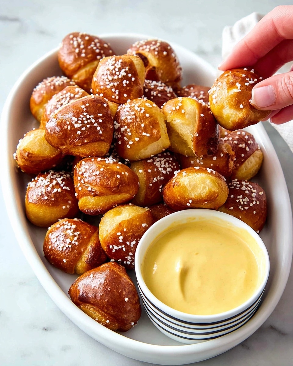A white oval bowl filled with many small, golden-brown pretzel bites topped with coarse salt, giving a shiny and slightly crisp texture to the surface. Inside the bowl and near the lower right corner, there is a small white bowl with black stripes on the rim, filled with smooth, creamy pale yellow mustard sauce. A woman's hand is dipping one pretzel bite into the sauce, holding it delicately between thumb and forefinger. The bowl rests on a white marbled surface. photo taken with an iphone --ar 4:5 --v 7
