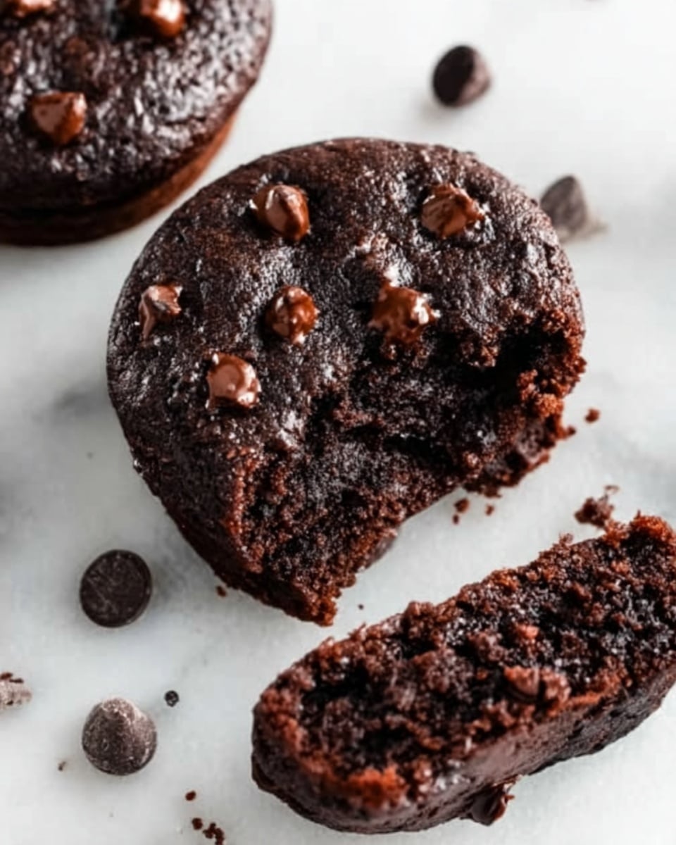 The image shows dark chocolate cookies placed on a white marbled surface. One cookie is whole, round, and thick, with a slightly rough texture and visible shiny chocolate chips melted on the top. Another cookie is cut in half, showing a soft, moist, and dense inside with more chocolate chips embedded inside. There are also some loose chocolate chips scattered around the cookies. The cookies have a rich, deep brown color with a glossy look in some spots where the chocolate chips are melted. photo taken with an iphone --ar 4:5 --v 7