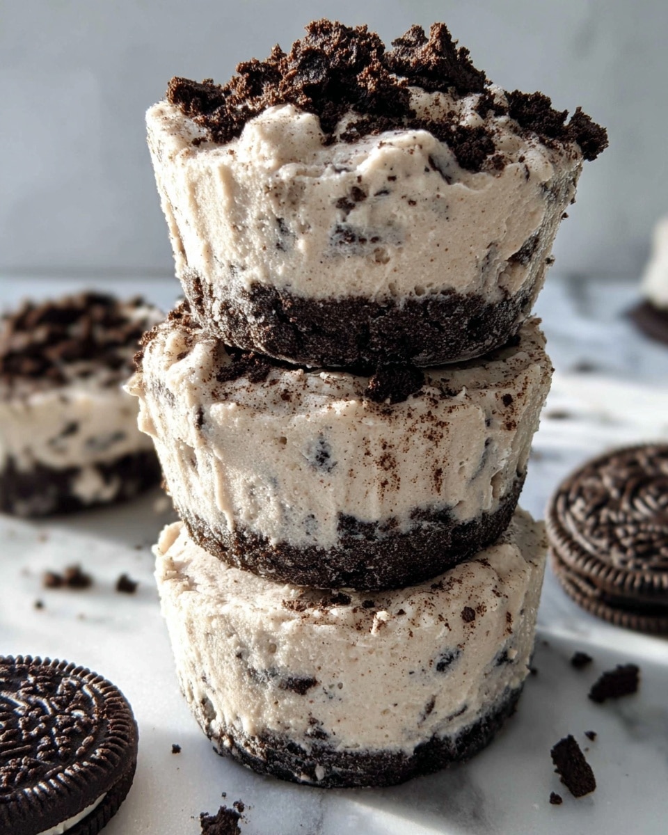 A stack of three creamy cookies and cream ice cream cups, each cup made of two layers: a thick, light beige ice cream layer with small dark cookie bits, and a dark chocolate cookie layer in the middle. The top ice cream cup is covered with more crumbled dark cookies, giving a rough textured look. The surfaces of the ice cream are slightly melting and have a soft, whipped texture. The stack sits on a white marbled surface with a few whole and broken dark chocolate cookies scattered around. The background is also white marbled, keeping focus on the stacked treats. photo taken with an iphone --ar 4:5 --v 7