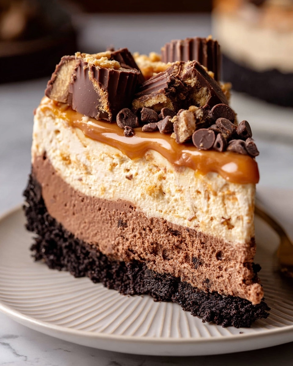A close-up of a slice of layered cheesecake on a white plate with a ridged texture, set on a white marbled surface. The cheesecake has three main layers: a dark crumbly chocolate crust at the bottom, a thick middle layer of smooth milk chocolate mousse, and a top layer of creamy, light peanut butter cheesecake with visible specks and small chunks. The top is finished with a glossy layer of peanut butter, mini dark chocolate chips scattered around, and several chopped chocolate peanut butter cups placed on top for decoration. Photo taken with an iphone --ar 4:5 --v 7