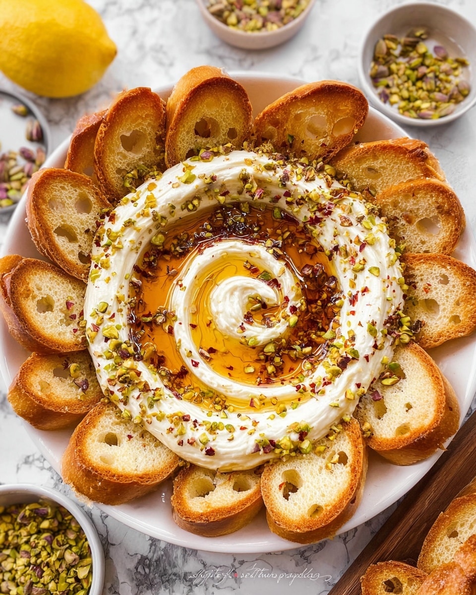 The image shows a dish with a swirl of thick, creamy white cheese spread at the center of a white plate, topped with a glossy amber honey drizzle and scattered crushed pistachios and small red chili flakes. Surrounding the cheese spread is a ring of golden-brown toasted bread slices, each with a crispy texture and small holes in the crumb. The plate is placed on a white marbled surface, with small bowls nearby containing crushed pistachios and a halved lemon partially visible at the top left. photo taken with an iphone --ar 4:5 --v 7