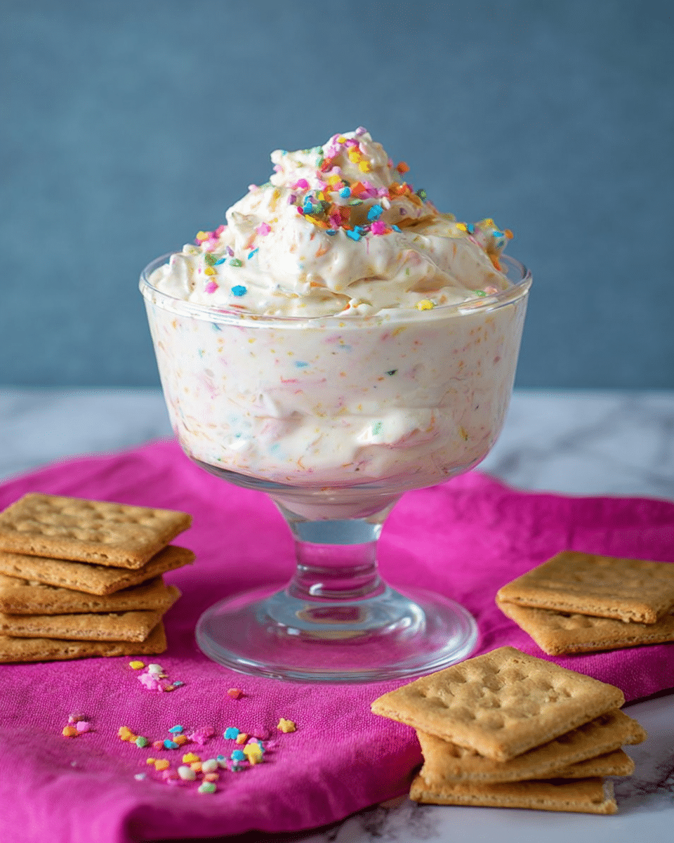 The image shows a thick, white dessert dip with small colorful specks mixed throughout, served in a clear glass dessert cup with a stem. The top layer of the dip is swirled into a soft peak and sprinkled with tiny multicolored round sprinkles. The glass cup is placed on a bright pink cloth, and around it are several stacks and scattered pieces of light brown graham crackers. The scene is set against a simple blue-gray background and a white marbled surface. photo taken with an iphone --ar 4:5 --v 7