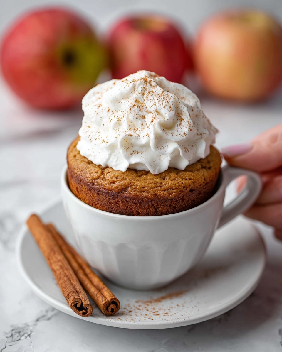 A white cup filled with a thick, golden brown muffin that rises above the cup’s rim, topped by a large dollop of white whipped cream sprinkled with cinnamon powder. The cup sits on a white plate holding three cinnamon sticks. In the background, there are blurred red apples on a white marbled surface, and a woman's hand is holding the handle of the cup. Photo taken with an iphone --ar 4:5 --v 7