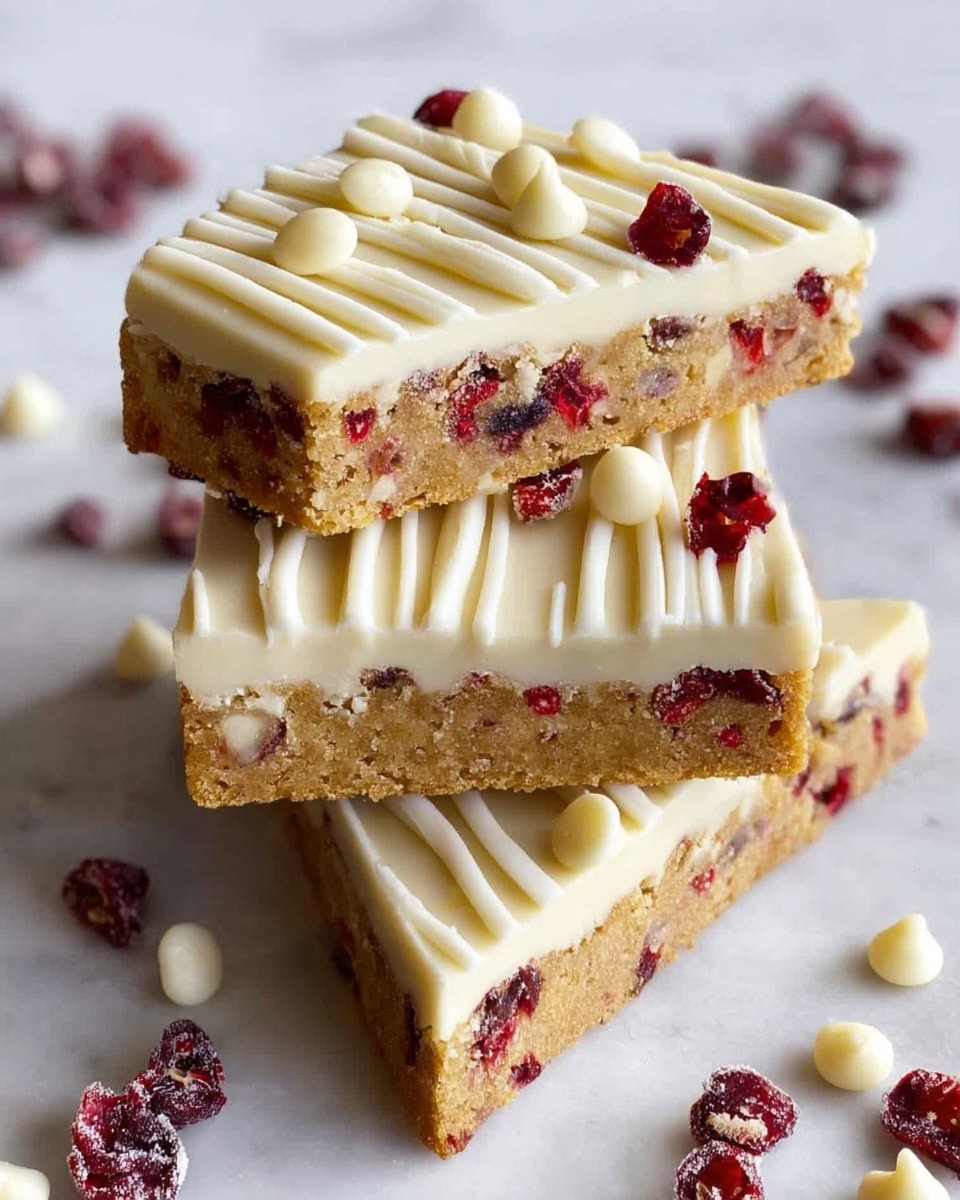 The image shows three triangular dessert bars stacked and spread on a white marbled surface. Each bar has two clear layers: the bottom layer is a dense, light brown cake embedded with small red dried cranberries, and the top layer is a thick, creamy white frosting with a smooth texture, decorated with diagonal lines of white drizzle. The frosting is dotted with whole dried cranberries and a few round white chocolate chips. Scattered dried cranberries and some white chocolate chips rest around the bars, adding contrast to the white marbled surface. photo taken with an iphone --ar 4:5 --v 7