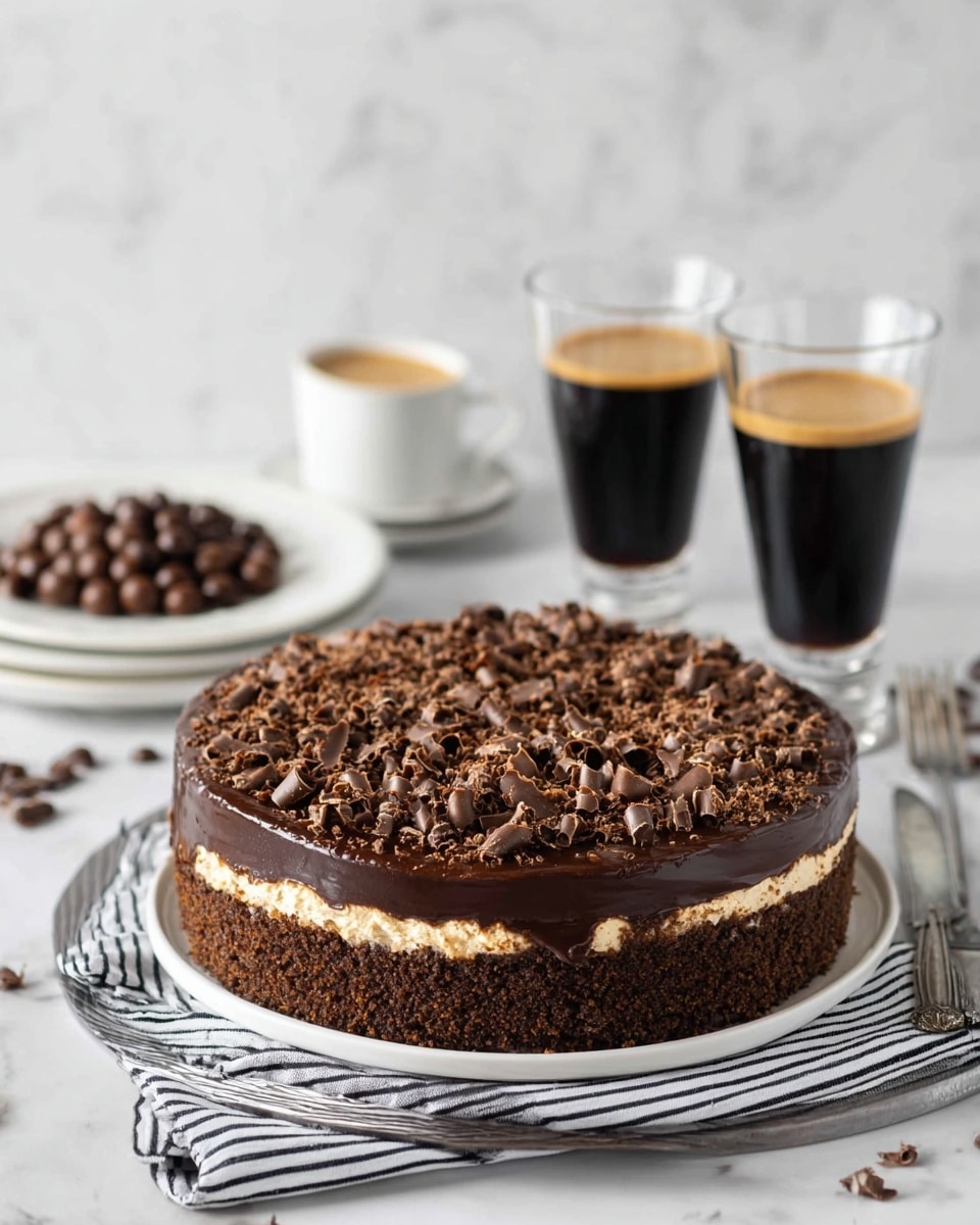 A round chocolate cake with thick dark brown crumb crust forms the bottom layer, topped by a thick dark chocolate ganache layer that almost covers a light brown creamy filling peeking out near the edges, and finished with a generous topping of milk chocolate curls spread evenly across the surface. The cake sits on a white plate placed on a round metal stand with a black and white striped cloth underneath. In the background, there are two clear glass cups of black coffee on a white marbled surface, one on a white plate with assorted small chocolate balls, and two taller clear glass coffee cups filled with dark coffee and frothy tops. Photo taken with an iphone --ar 4:5 --v 7