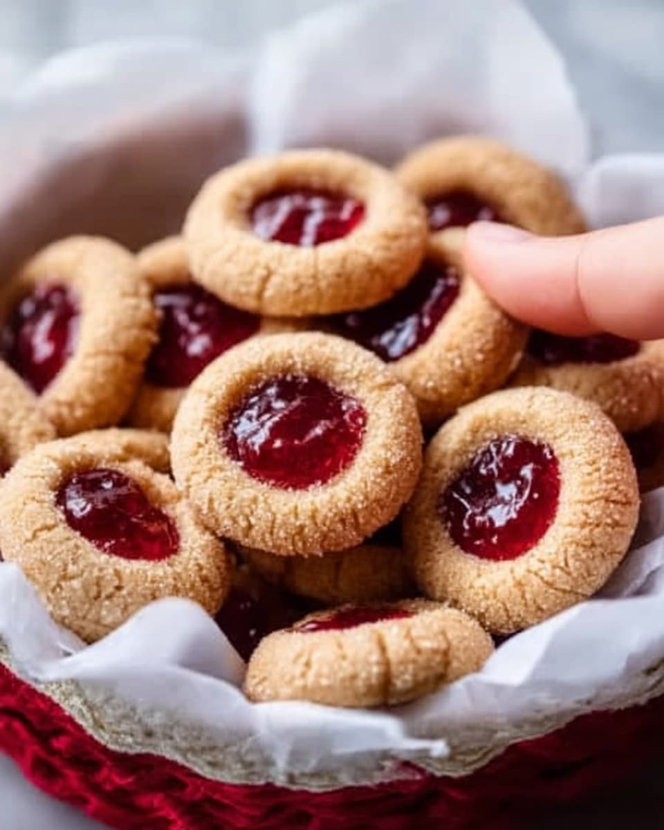 A white basket filled with round thumbprint cookies that are golden brown with a slightly rough texture. Each cookie has a deep red jam center that looks glossy and smooth. The basket is lined with white paper, and a woman's hand is reaching into it. The background shows a soft white marbled surface giving a clean look. Photo taken with an iphone --ar 4:5 --v 7