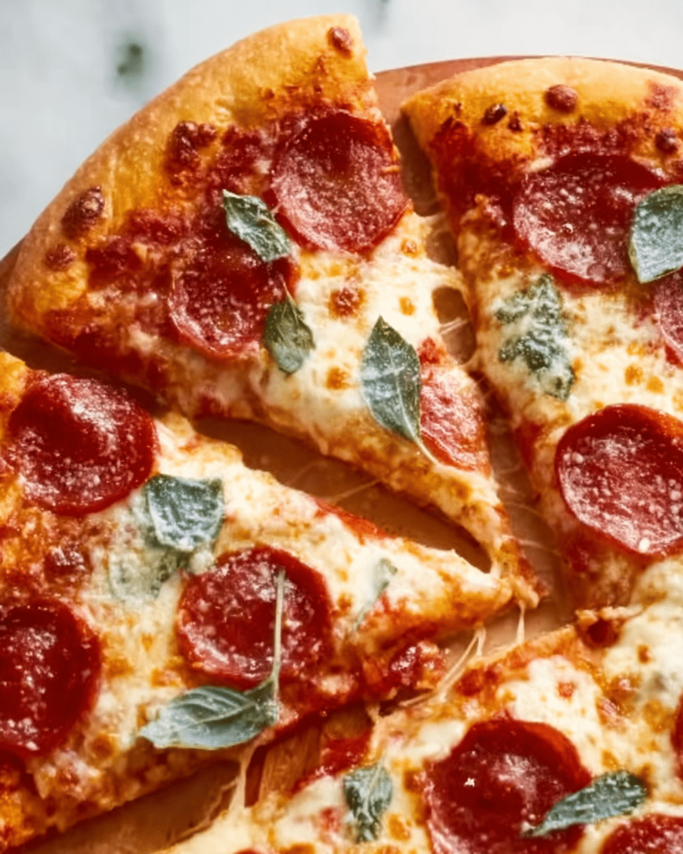 A close-up of a pepperoni pizza sliced into four large pieces, each slice showing golden-brown, slightly crispy edges with melted, gooey cheese stretching between slices. Bright red pepperoni circles are evenly spread on the cheese layer, and fresh green basil leaves are scattered on top, adding a pop of color. The pizza crust looks soft and fluffy with a light golden hue. The pizza rests on a white plate on a white marbled surface. Photo taken with an iphone --ar 4:5 --v 7