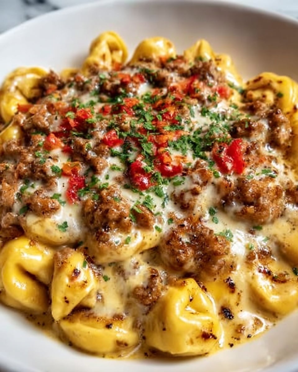 A close-up image of a creamy pasta dish featuring tortellini coated in a smooth, yellow cheese sauce. On top, there is a layer of browned, cooked ground meat scattered evenly across the pasta. Melted white cheese is layered over the meat, with small bits of tomatoes and finely chopped green herbs sprinkled on top for color contrast. The entire dish is served on a white plate, placed on a white marbled surface. Photo taken with an iphone --ar 4:5 --v 7