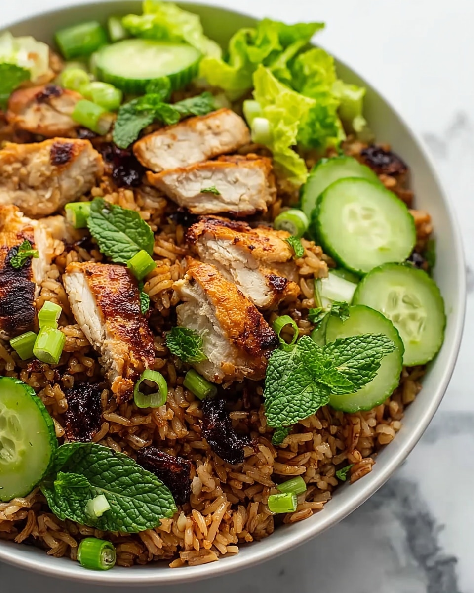 A white bowl filled with cooked brown fried rice at the bottom, mixed with small dark brown bits that look like fried garlic or onions. On top of the rice, there are pieces of golden-brown grilled chicken with a slightly crispy outside and juicy white inside. Bright green lettuce leaves and fresh slices of cucumber are scattered around the chicken. There are also sprigs of mint and rings of green onion adding vibrant color. The bowl is placed on a white marbled surface. photo taken with an iphone --ar 4:5 --v 7