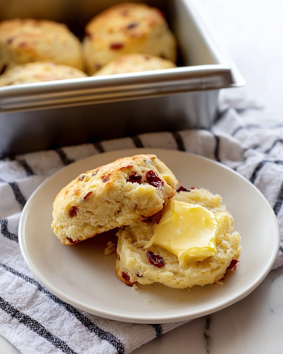 A fresh biscuit broken in half sits on a white plate, showing a soft, crumbly interior with bits of dried red fruit scattered throughout. One half is flat on the plate with a generous dollop of yellow butter melting on top, while the other half rests on it, slightly off-center, revealing the fluffy texture inside. In the background, a metal loaf pan filled with more biscuits stands on a white cloth with navy stripes on a white marbled surface. The warm golden brown tops of the biscuits are slightly cracked and textured, adding a rustic feel. photo taken with an iphone --ar 4:5 --v 7