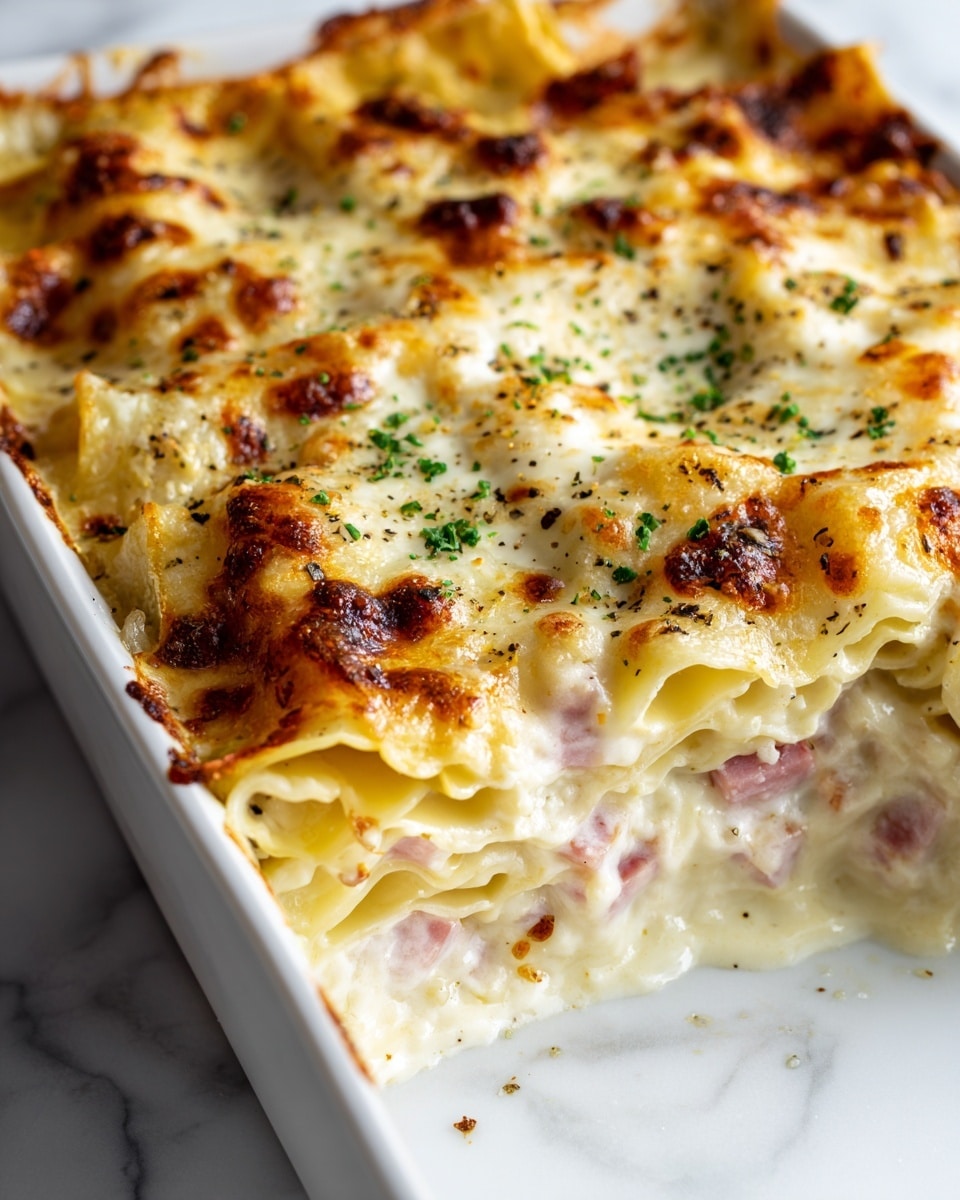 The image shows a baked pasta dish with three visible layers inside a white square baking dish. The bottom layer consists of flat, wavy pasta sheets with a creamy white sauce and small chunks of pink ham scattered throughout. The middle layer is similar, with folded pasta sheets and creamy sauce filling the gaps. The top layer is made of golden-brown baked pasta edges, slightly crispy and sprinkled with tiny green herbs and black pepper flakes, giving a textured and slightly browned surface. The background has a white marbled texture. photo taken with an iphone --ar 4:5 --v 7