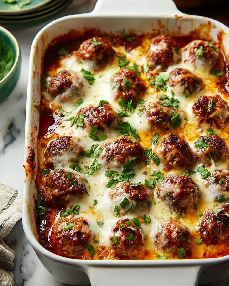 A white rectangular baking dish filled with a baked dish showing one layer of browned meatballs spaced evenly on top, each meatball covered with melted, bubbly, creamy white cheese that has golden brown spots, and sprinkled with fresh green chopped herbs; the edges of the baking dish show some sauce drips, and the dish sits on a white marbled surface with blurred green and white bowls in the background. photo taken with an iphone --ar 4:5 --v 7