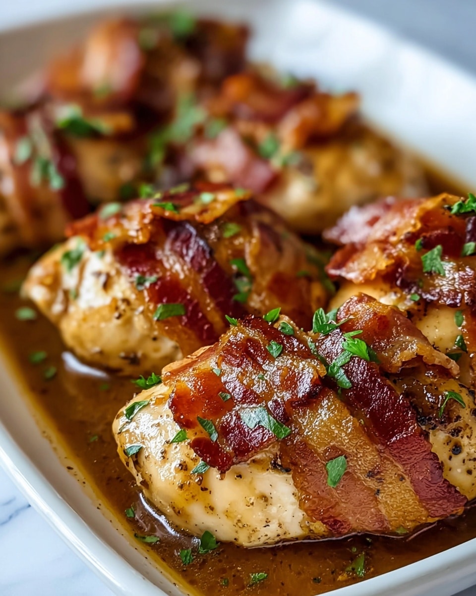 The image shows several pieces of cooked chicken breast arranged closely in a white dish, each piece topped with crispy, reddish-brown bacon strips. The chicken has a light golden-brown color with some darker specks of seasoning, and the bacon adds a shiny, textured layer on top. The dish is filled partially with a rich, brown sauce that pools around the chicken. Fresh green herbs are sprinkled over the top, adding a pop of color and fresh texture. The photo is taken on a white marbled surface, focusing tightly on the chicken pieces. photo taken with an iphone --ar 4:5 --v 7