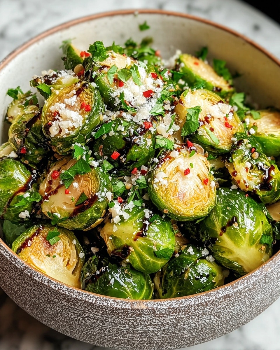 A bowl filled with about three layers of roasted Brussels sprouts, cut in half showing light golden brown roasted edges and vibrant green leaves. The Brussels sprouts are topped with white grated cheese, finely chopped green parsley, and small red chili flakes, with dark balsamic drizzle artistically spread over some halves. The bowl is white with a textured gray outer surface, placed on a white marbled background. photo taken with an iphone --ar 4:5 --v 7