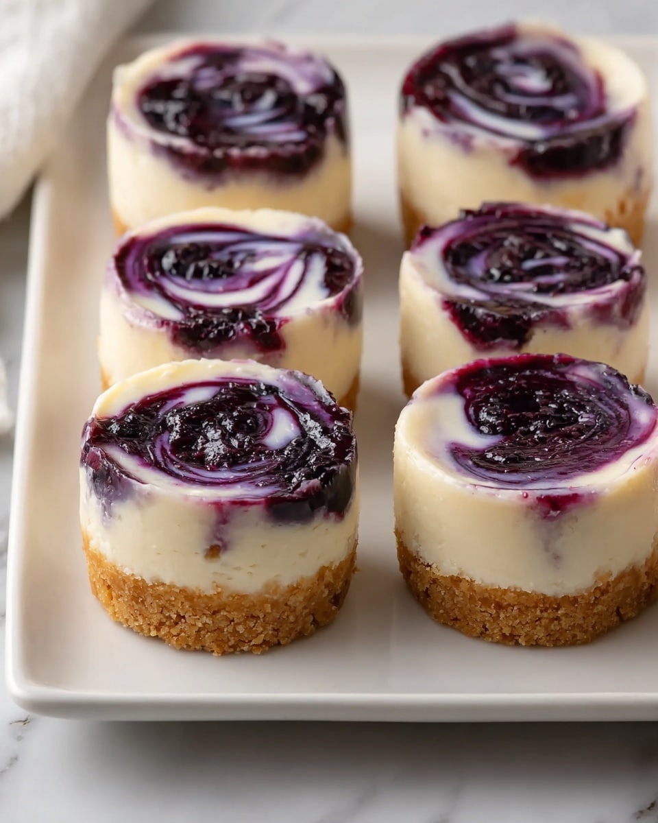 The image shows six mini cheesecakes neatly arranged on a white rectangular plate placed on a white marbled surface. Each cheesecake has three visible layers: a bottom golden-brown crumb crust, a thick and creamy off-white cheesecake layer in the middle, and a top layer of deep purple blueberry swirl with glossy, rich texture that blends into the cheesecake. The swirl pattern on each cheesecake is unique, with smooth curves and waves creating a beautiful contrast between the dark purple and the light cream. The presentation looks clean and inviting. photo taken with an iphone --ar 4:5 --v 7