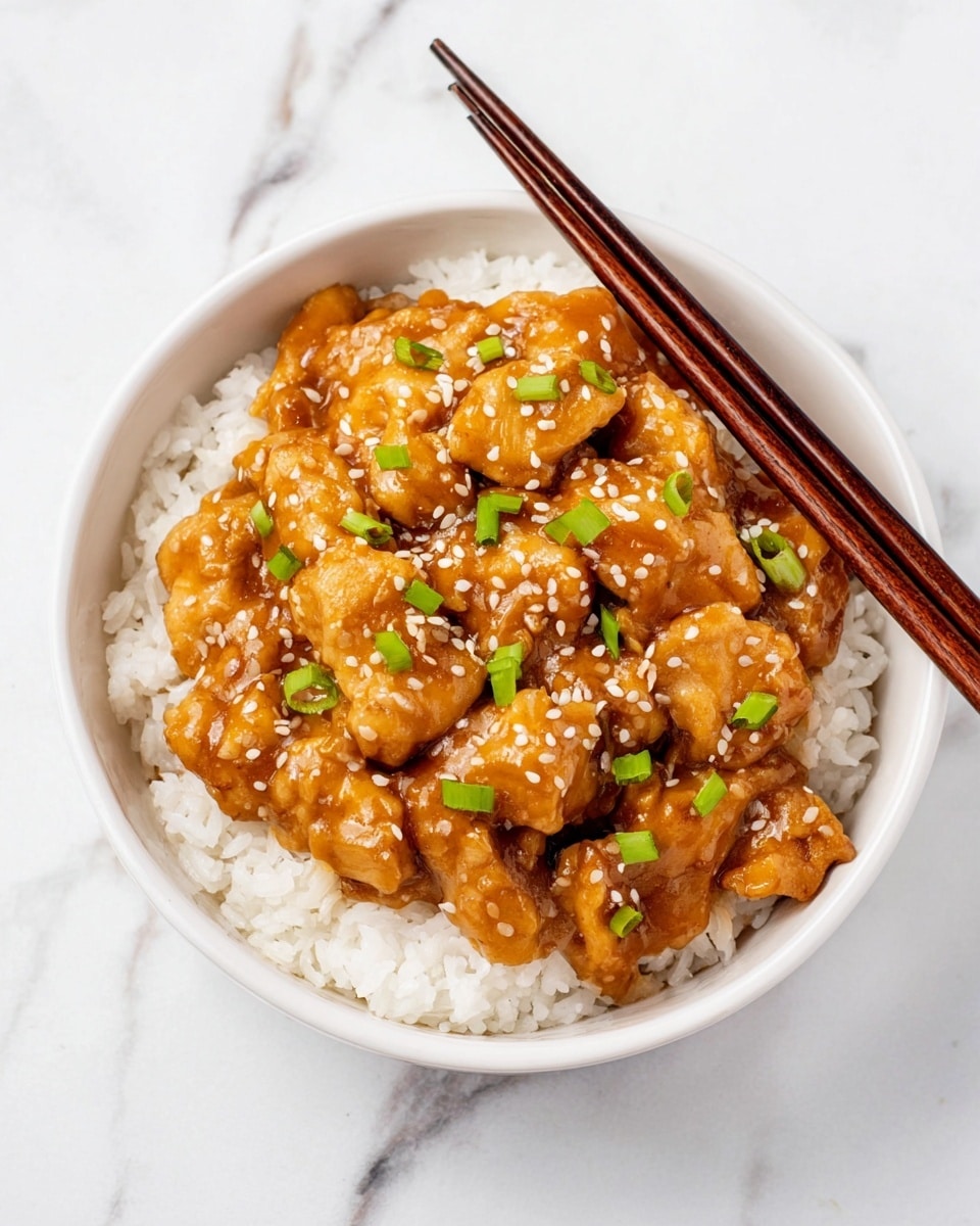 A white bowl filled with a base layer of fluffy white rice topped with a thick layer of golden-brown glazed chicken pieces in a shiny sauce. The chicken is garnished with small green onion slices and sprinkled with white sesame seeds. On the white marbled surface next to the bowl, there is a pair of wooden brown chopsticks placed diagonally. photo taken with an iphone --ar 4:5 --v 7