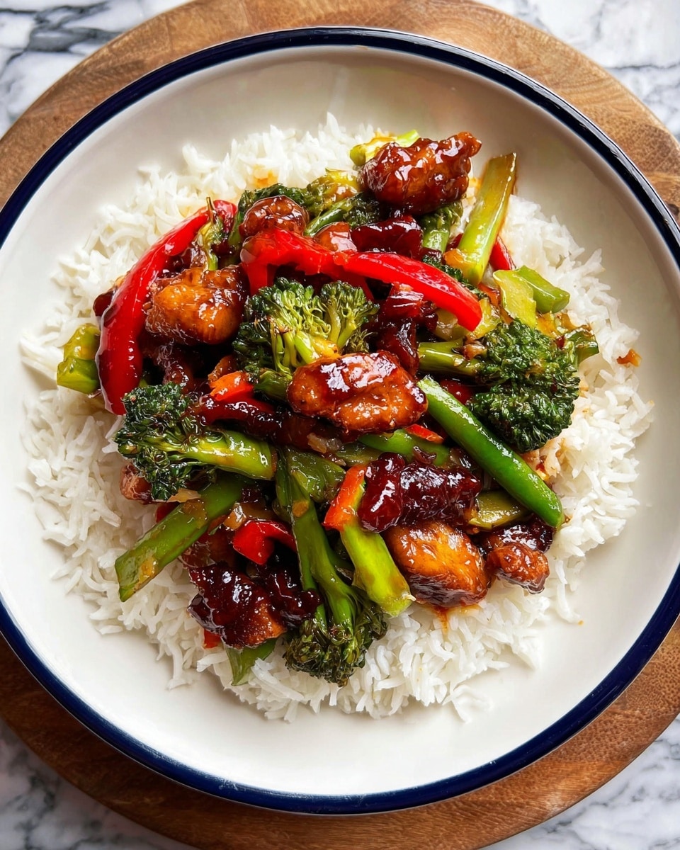 A white plate with a dark blue rim holds a bed of fluffy white rice as the bottom layer, topped with a colorful stir-fry mix. The stir-fry layer includes glossy pieces of dark brown glazed chicken, bright green broccoli florets, long red bell pepper strips, and some light green snap peas. The vegetables and chicken pieces are mixed evenly and coated in a shiny sauce. The plate sits on a wooden board, with a white marbled texture background visible behind it. Photo taken with an iphone --ar 4:5 --v 7