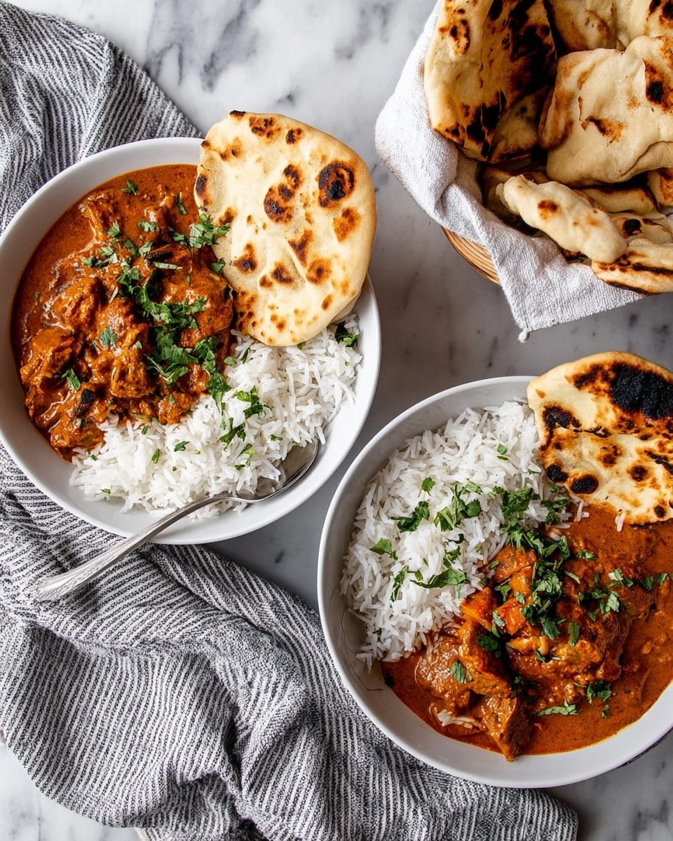 The image shows two white bowls of food placed on a white marbled surface with a striped cloth beside one bowl. Each bowl contains three layers: a fluffy white rice layer on one side, a rich orange-brown curry with pieces of meat or vegetables covered in sauce, sprinkled with fresh green herbs on the other side, and two pieces of toasted flatbread with dark brown char marks resting on the edge. To the top right, a small basket lined with a white cloth holds more pieces of the toasted flatbread. One bowl has a silver spoon resting inside. Photo taken with an iphone --ar 4:5 --v 7