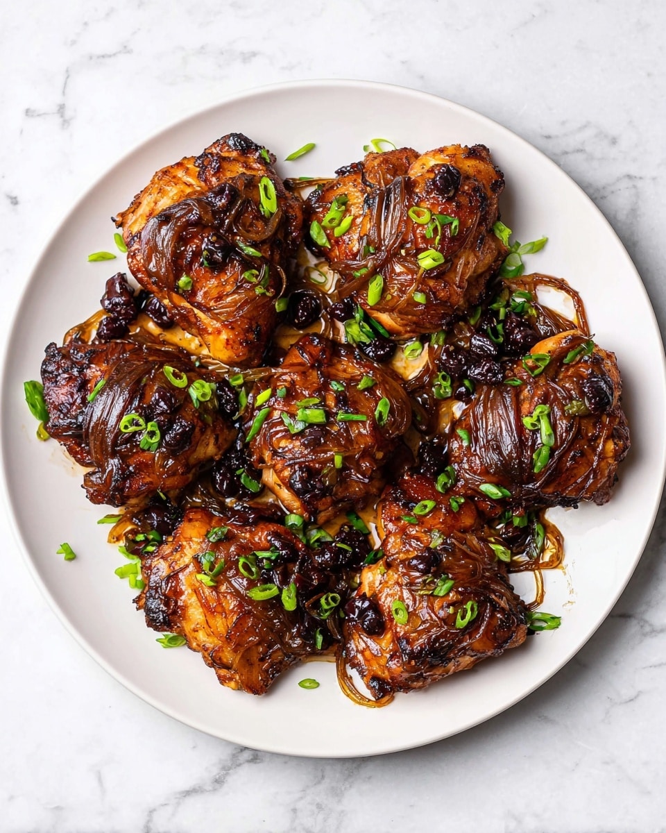A white plate holds nine pieces of dark brown glazed chicken, arranged in a rough circle, each piece showing a shiny, caramelized texture with slightly charred edges. The chicken is coated with a thick, dark sauce and scattered with small bits of black beans and sliced green onions that add bright green contrasts to the rich tones of the meat. Thin caramelized onion slices are visible on top and around the chicken pieces, giving extra texture and depth. The plate sits on a white marbled surface. photo taken with an iphone --ar 4:5 --v 7