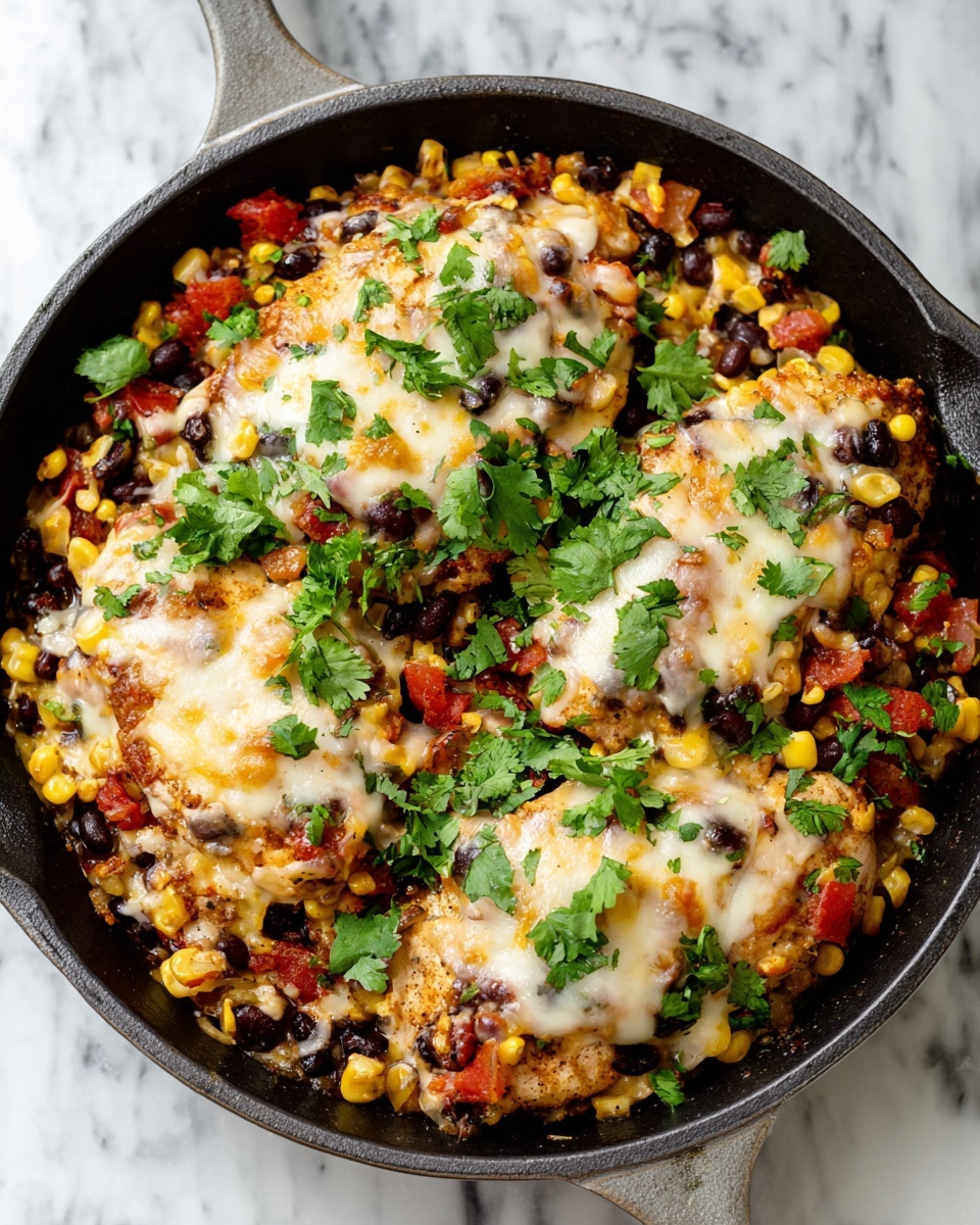 The image shows a skillet filled with a layered dish starting with a base of cooked chicken breasts topped with a mixture of black beans, yellow corn, and diced red tomatoes. Over this, there is a melted layer of white and light yellow cheese covering the ingredients evenly. Fresh green cilantro leaves are scattered on top, adding a bright contrast to the colors of the dish. The skillet is placed on a white marbled surface. Photo taken with an iphone --ar 4:5 --v 7