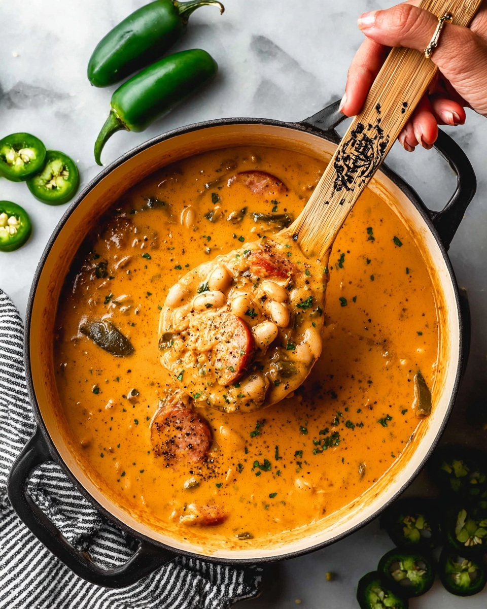A close-up shot of a black handled white pot filled with thick creamy orange soup speckled with black pepper and small green herb pieces. A woman's hand holds a wooden spatula with dark symbol designs, lifting a chunky spoonful from the pot that reveals visible layers including light beige beans, sliced light brown sausage, and bits of green pepper, all coated in the creamy orange soup. Around the pot on a white marbled surface lie several whole and sliced green jalapeño peppers, and a black and white striped cloth is folded next to the pot. Photo taken with an iphone --ar 4:5 --v 7