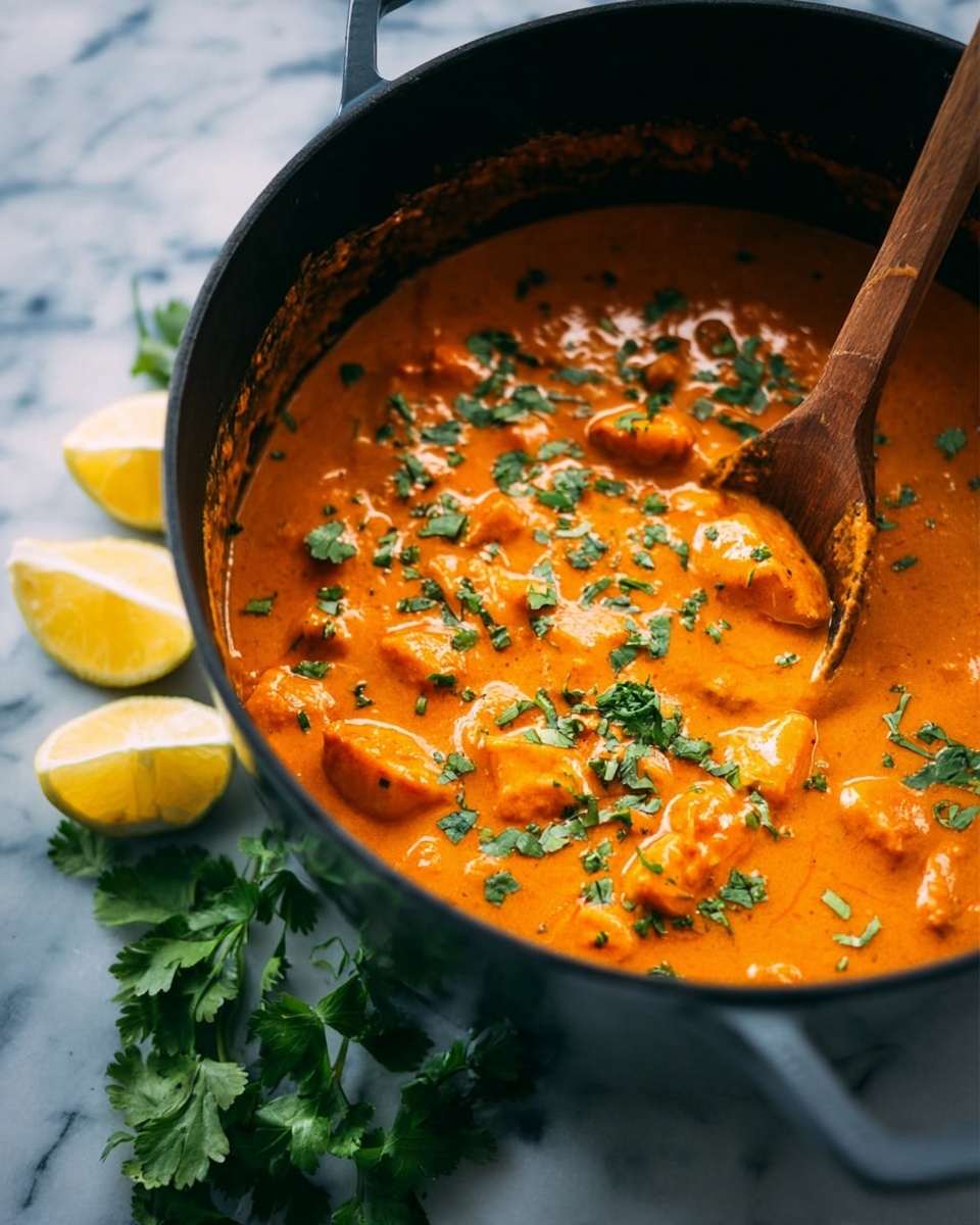 The image shows a close-up of a pot filled with thick, orange curry containing visible chunks of potatoes or vegetables, garnished with green chopped herbs scattered on top. A wooden spoon is stirring the curry inside the pot, with the spoon coated in the creamy sauce. Beside the pot on a white marbled surface, there are several lemon wedges and fresh green cilantro leaves laid out casually. The pot is dark, creating a strong contrast with the bright curry inside. photo taken with an iphone --ar 4:5 --v 7