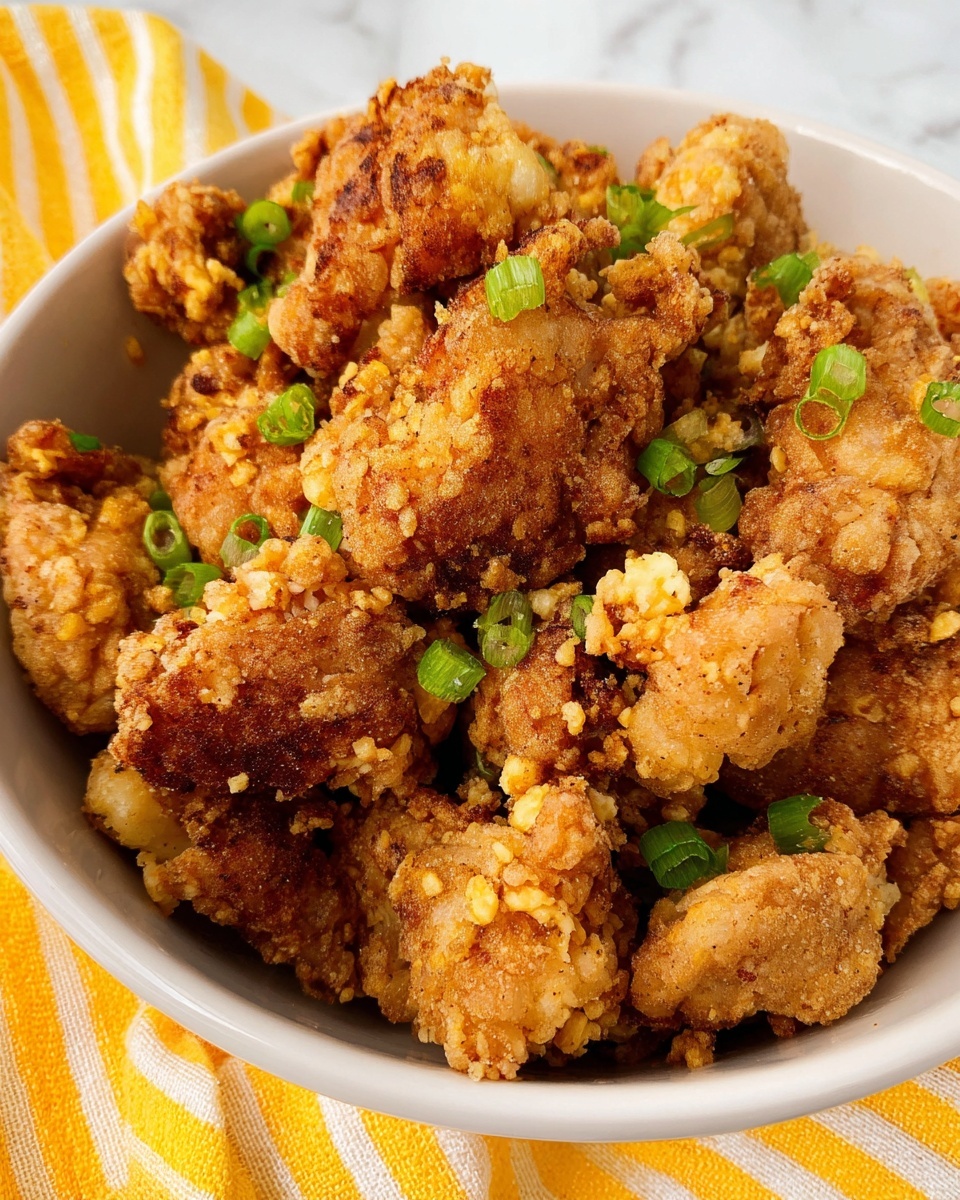 A white bowl filled with many pieces of golden brown fried chicken bites, showing a crispy and rough texture with some darker browned spots. The chicken pieces vary in size and are stacked closely together, sprinkled with small green onion slices that add a pop of color. The bowl sits on a yellow cloth with white stripes, and the background is a white marbled texture. photo taken with an iphone --ar 4:5 --v 7
