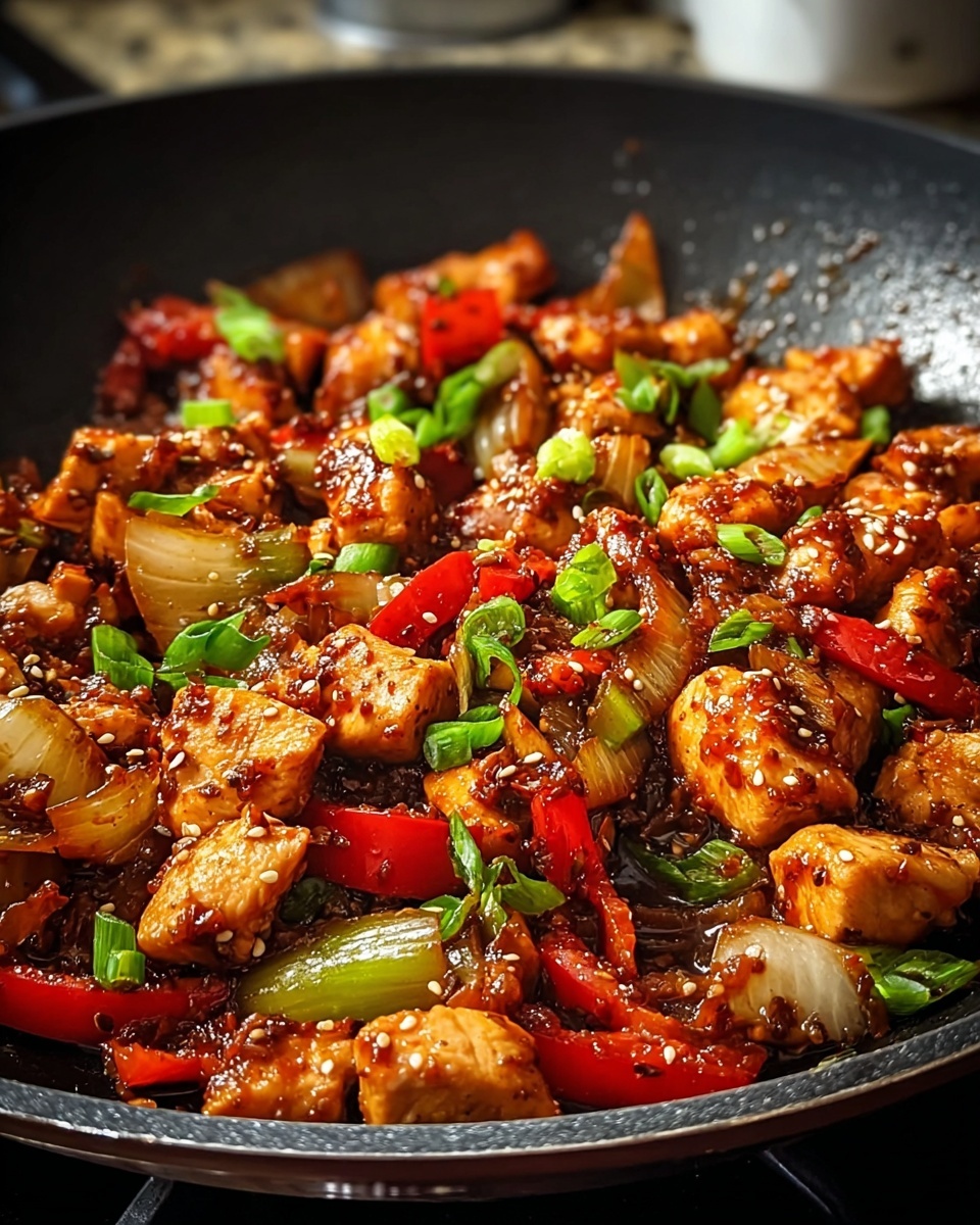 A close-up of a black pan filled with a cooked chicken stir-fry dish, showing many small, browned chunks of chicken mixed with red bell pepper strips, sliced onions, and chopped green onions. The chicken and vegetables are coated in a glossy, reddish-brown sauce with visible sesame seeds sprinkled on top. The pan sits against a white marbled texture background, with warm lighting highlighting the moist texture of the food. photo taken with an iphone --ar 4:5 --v 7