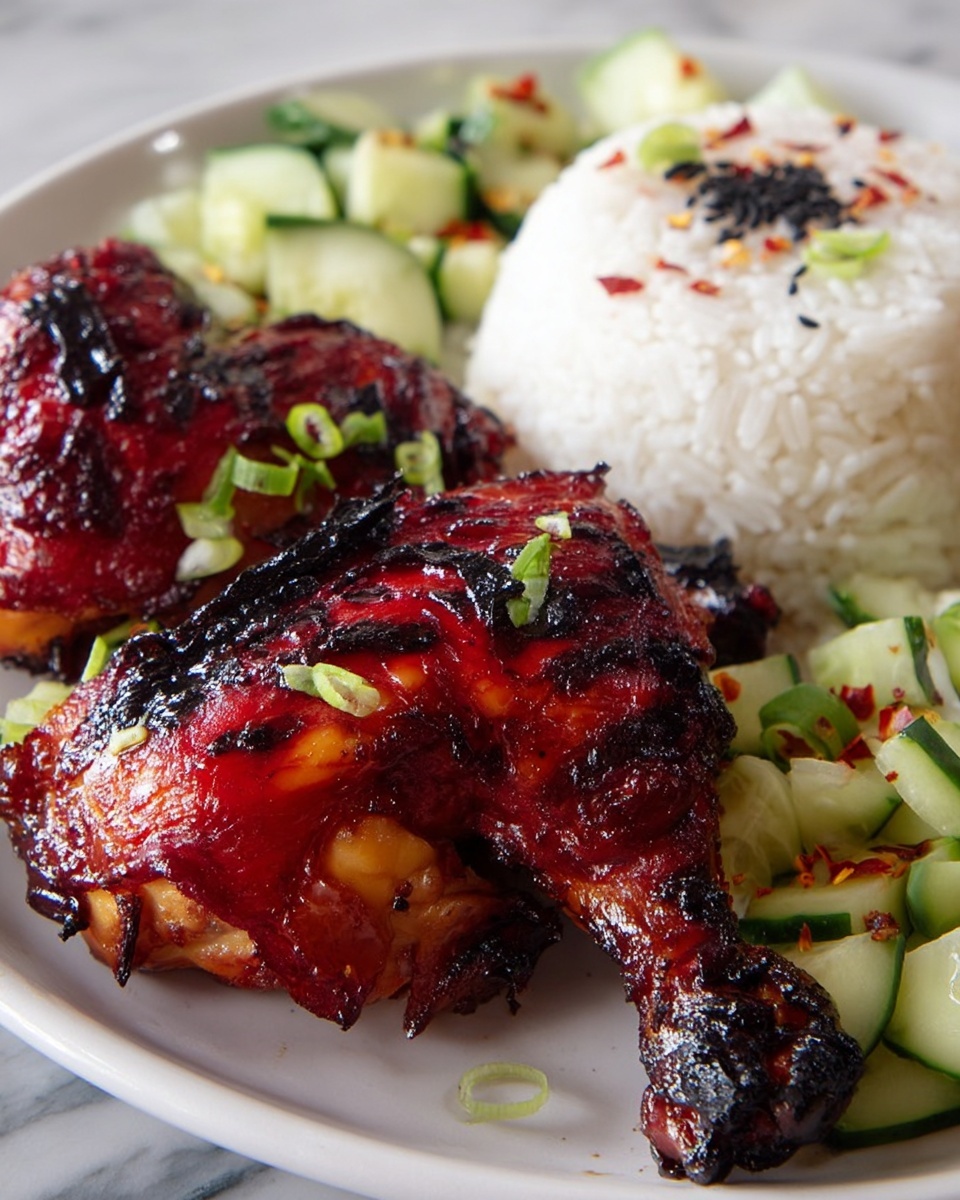 The dish is served on a white plate placed on a white marbled surface. It features two grilled chicken legs with a shiny, deep red and charred crispy skin that shows a mix of dark brown and black grill marks. Next to the chicken is a rounded mound of white rice topped with a few black sesame seeds and small green onion pieces. Surrounding the rice and chicken are small diced pieces of green cucumber sprinkled lightly with red chili flakes. The textures range from the glossy, slightly burnt chicken skin to the soft, fluffy rice and fresh, crunchy cucumber pieces. photo taken with an iphone --ar 4:5 --v 7