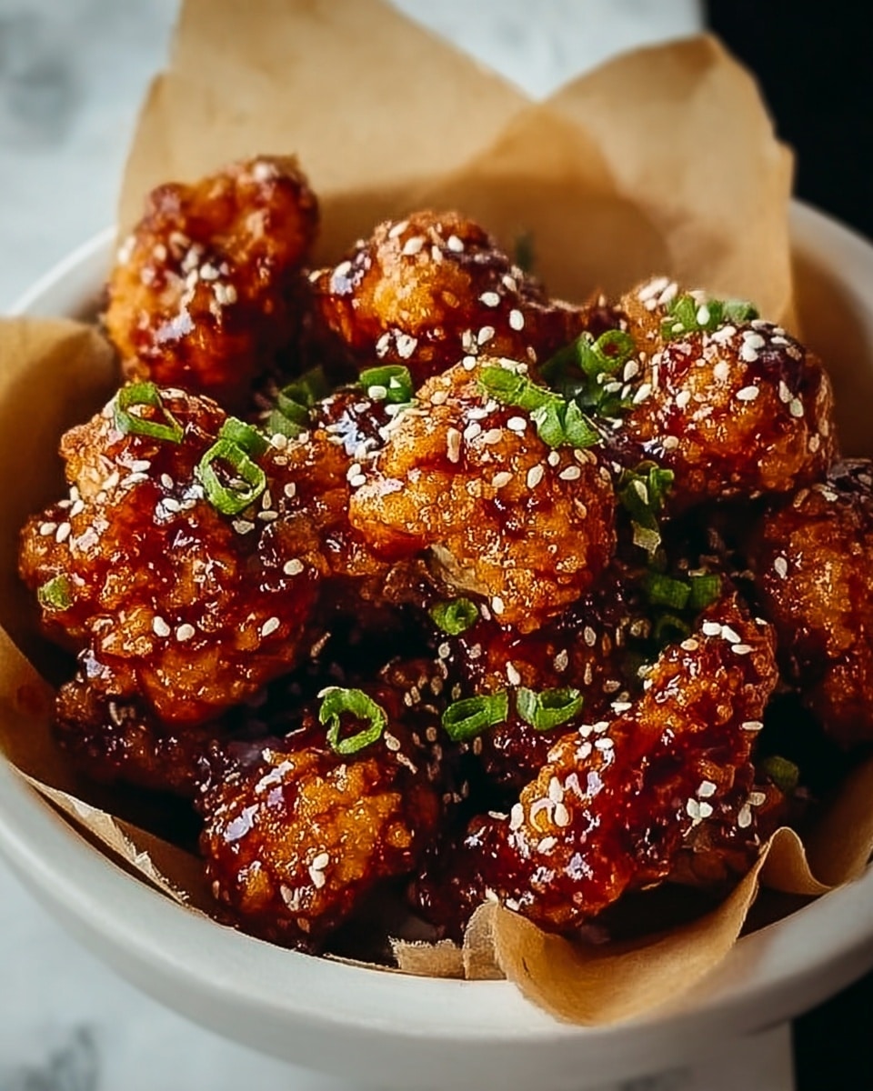 The image shows a close-up of several pieces of crispy fried cauliflower, coated in a glossy dark reddish-brown sauce with a sticky texture. The cauliflower pieces are topped with white sesame seeds and small green chopped scallions scattered throughout. They are served in a white bowl lined with plain brown parchment paper. The background is a white marbled texture. photo taken with an iphone --ar 4:5 --v 7